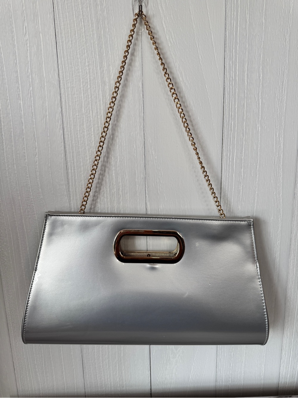 Metallic Silver Chain-Handle Women’s Clutch Bag